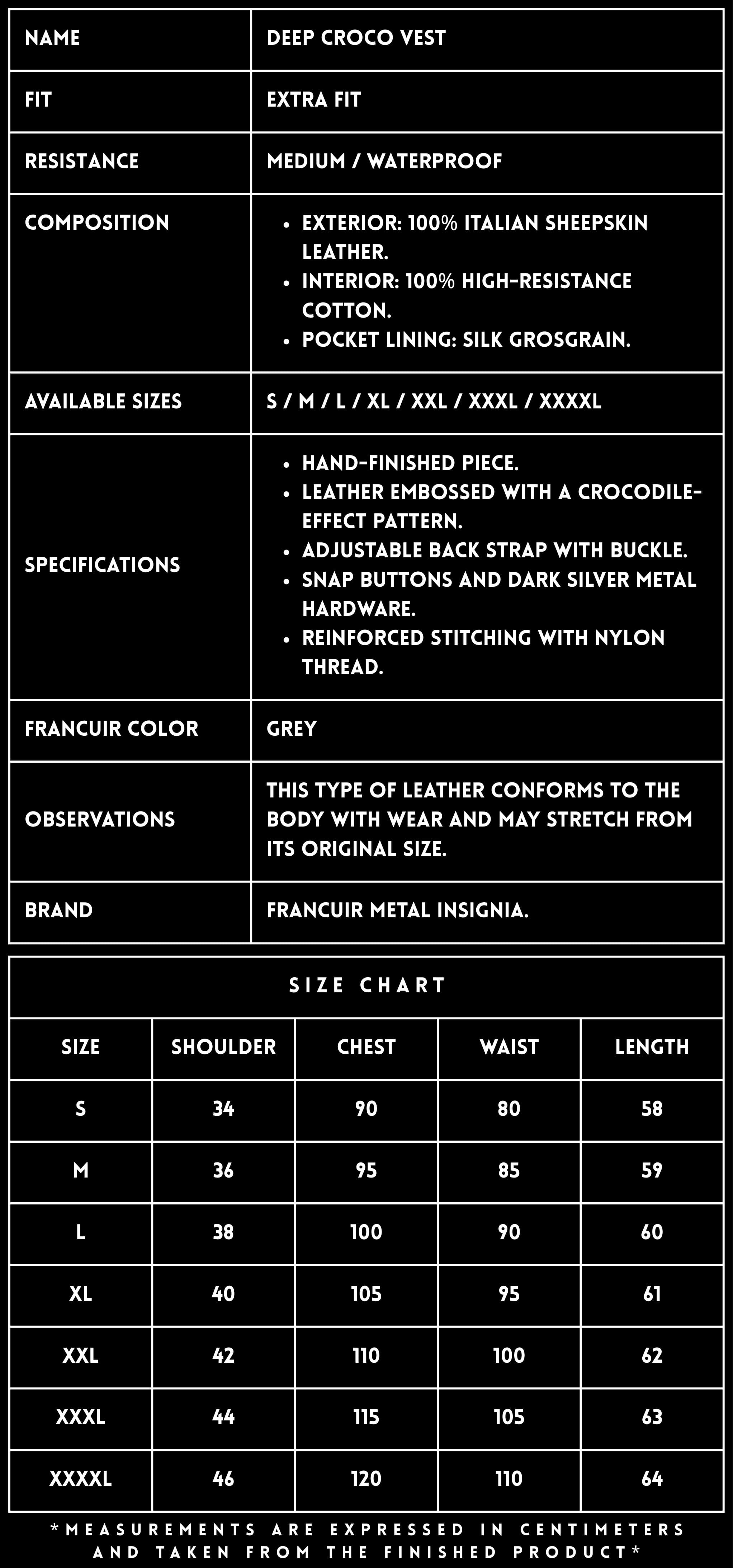 TECHNICAL SPECIFICATIONS_SHEEPSKIN LEATHER VEST_DEEP CROCO_FRANCUIR